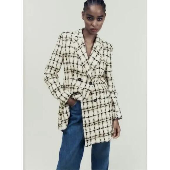 Zara Women Taupe Brown Lapel Collar Longline Textured Plaid Blazer Medium - Picture 1 of 16